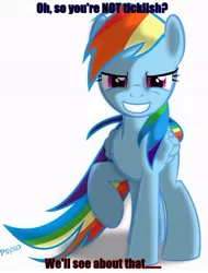 Size: 474x623 | Tagged: safe, derpibooru import, rainbow dash, caption, evil grin, grin, image, imminent tickles, impending doom, impending tickling, jpeg, looking at you, meme, one hoof raised, smiling, text, this will end in tickles, uh oh