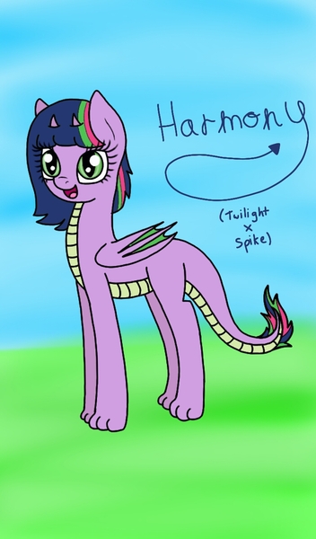 Size: 750x1280 | Tagged: safe, artist:snooziiee, derpibooru import, oc, oc:harmony (snooziiee), dracony, dragon, hybrid, pony, female, image, interspecies offspring, jpeg, mare, offspring, parent:spike, parent:twilight sparkle, parents:twispike, solo