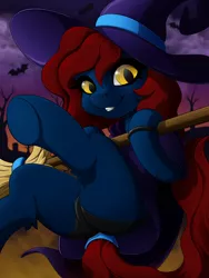 Size: 4500x6000 | Tagged: suggestive, artist:cansy, derpibooru import, oc, oc:nightingale, unofficial characters only, bat pony, pony, bat pony oc, bat wings, broom, clothes, commission, costume, female, flying, flying broomstick, halloween, halloween costume, hanging, hat, holiday, image, png, smiling, solo, tail wrap, wings, witch, witch hat, ych result