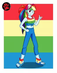 Size: 3500x4500 | Tagged: safe, artist:darkprinceismyname, derpibooru import, rainbow dash, equestria girls, spring breakdown, belly button, cruise outfit, female, image, one eye closed, png, rainbow background, simple background, solo, wink