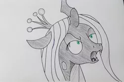 Size: 2048x1361 | Tagged: safe, artist:polar_storm, derpibooru import, queen chrysalis, changeling, changeling queen, pony, angry, bust, crown, fangs, female, green eyes, image, jewelry, jpeg, mare, monochrome, neo noir, partial color, regalia, simple background, sketch, solo, traditional art, white background