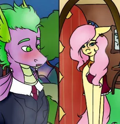 Size: 386x397 | Tagged: safe, artist:solarist97, derpibooru import, fluttershy, spike, dragon, pegasus, pony, adult, adult spike, blushing, clothes, dress, female, flutterspike, image, jpeg, male, mare, necktie, older, older spike, shipping, story included, straight, suit, winged spike