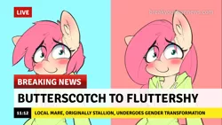 Size: 1280x720 | Tagged: safe, artist:apony, derpibooru import, edit, fluttershy, semi-anthro, bipedal, blushing, break your own news, breaking news, butterscotch, clothes, female, heart, hoodie, image, male, male to female, meme, png, rule 63, rule 63'd rule 63, self ponidox, solo, transformation, transgender, transgender transformation