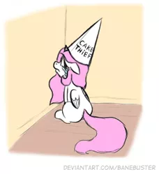 Size: 271x297 | Tagged: safe, artist:banebuster, derpibooru import, princess celestia, alicorn, pony, series:tiny tia, cewestia, crying, cute, dunce hat, female, filly, filly celestia, floppy ears, hat, image, implied theft, jpeg, looking at you, looking back, looking back at you, pink-mane celestia, pony shaming, solo, time out, younger