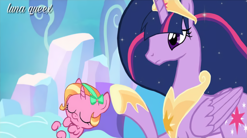 Size: 1920x1080 | Tagged: safe, artist:luna.queex, derpibooru import, edit, edited screencap, screencap, luster dawn, princess twilight 2.0, twilight sparkle, twilight sparkle (alicorn), alicorn, pony, unicorn, the crystalling, the last problem, baby, baby pony, duo, eyelashes, eyes closed, female, filly, hoof shoes, horn, image, jewelry, mare, older, older twilight, peytral, png, tiara, wings