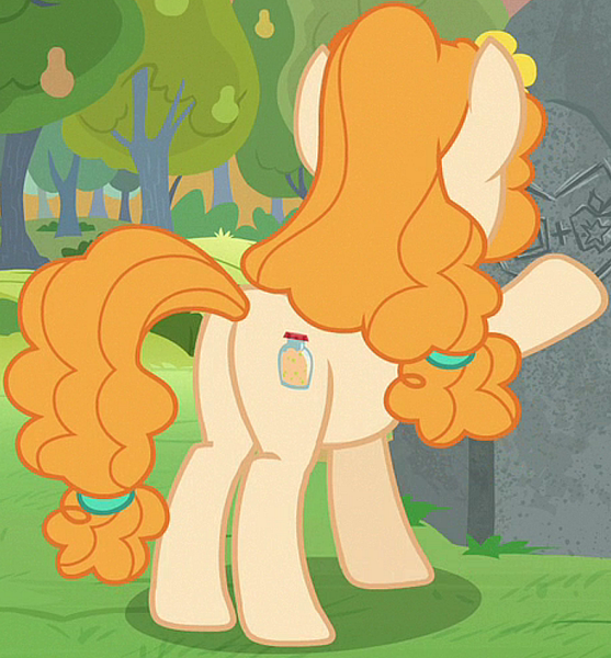 Size: 691x745 | Tagged: safe, derpibooru import, screencap, pear butter, earth pony, pony, the perfect pear, butt, cropped, female, image, mare, pear butt, plot, png, raised hoof, solo