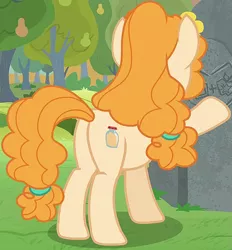 Size: 691x745 | Tagged: safe, derpibooru import, screencap, pear butter, earth pony, pony, the perfect pear, butt, cropped, female, image, mare, pear butt, plot, png, raised hoof, solo