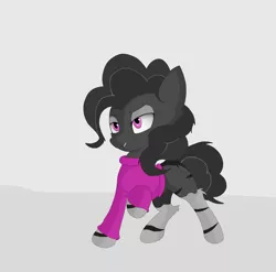 Size: 4048x3992 | Tagged: safe, artist:groomlake, derpibooru import, oc, oc:mercurygray, unofficial characters only, earth pony, hybrid, zebra, absurd resolution, clothes, fangs, gradient hooves, hybrid oc, image, lidded eyes, male, one hoof raised, png, puffy mane, puffy tail, raised hoof, solo, stripes, sweater, zebra oc