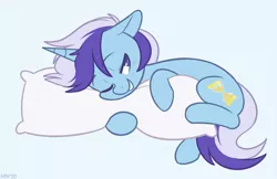 Size: 1700x1100 | Tagged: safe, alternate version, artist:higgly-chan, derpibooru import, minuette, pony, unicorn, bedroom eyes, blue background, blushing, cute, female, grin, hug, image, jpeg, lying down, mare, minubetes, one eye closed, pillow, pillow hug, side, simple background, smiling, solo, wink
