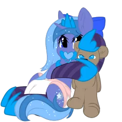 Size: 1500x1500 | Tagged: safe, artist:xcinnamon-twistx, derpibooru import, oc, oc:lulu star moonie, alicorn, pony, alicorn oc, baby, clothes, diaper, female, filly, hoof shoes, horn, image, looking at you, not luna, pacifier, plushie, png, socks, stockings, teddy bear, thigh highs, wings