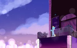 Size: 3840x2400 | Tagged: safe, artist:skydreams, derpibooru import, oc, oc:skydreams, unofficial characters only, pony, unicorn, balcony, blue rose, city, cityscape, female, flower, image, it's over isn't it, mare, png, rose, singing, stars, steven universe