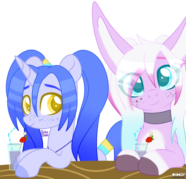 Size: 2500x2410 | Tagged: safe, artist:pasteldraws, derpibooru import, oc, oc:belle, oc:julie, pony, unicorn, base used, bff, bunny ears, bunny pony, choker, cute, drink, drinking straw, freckles, image, jewelry, necklace, pigtails, png, simple background, transparent background