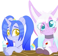 Size: 2500x2410 | Tagged: safe, artist:pasteldraws, derpibooru import, oc, oc:belle, oc:julie, pony, unicorn, base used, bff, bunny ears, bunny pony, choker, cute, drink, drinking straw, freckles, image, jewelry, necklace, pigtails, png, simple background, transparent background