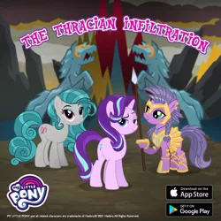 Size: 1080x1080 | Tagged: safe, derpibooru import, idw, starlight glimmer, swift foot, terri belle, earth pony, pony, unicorn, advertisement, armor, braid, facebook, female, gameloft, guardsmare, idw showified, image, jpeg, mare, royal guard, spear, thrace, thracian, weapon