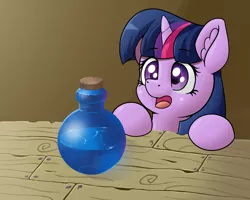 Size: 4000x3200 | Tagged: safe, artist:yelowcrom, derpibooru import, twilight sparkle, pony, cute, female, image, mare, png, potion, simple background, solo, surprised, twiabetes, wood