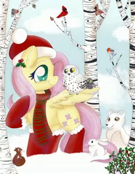 Size: 2480x3189 | Tagged: safe, artist:therainbowtroll, derpibooru import, fluttershy, bird, fox, owl, pegasus, pony, rabbit, squirrel, animal, birch, christmas, clothes, cute, daaaaaaaaaaaw, female, hat, head turned, holiday, holly, image, jpeg, looking at someone, mare, one wing out, outdoors, profile, raised hoof, santa hat, scarf, shyabetes, sitting on wing, smiling, snow, socks, stockings, thigh highs, tree, wings, winter, winter outfit