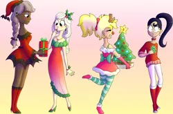Size: 2796x1843 | Tagged: safe, artist:northernlightsone, derpibooru import, inky rose, lily lace, moonlight raven, sunshine smiles, bat, human, alternate hairstyle, antlers, belt, blushing, boot, boots, bra, bra strap, bracelet, choker, christmas, christmas sweater, christmas tree, clothes, commission, dark skin, dress, ear piercing, earring, eyes closed, eyeshadow, fake ears, female, gloves, grin, group, hat, high heel boots, high heels, holiday, holly, humanized, image, jewelry, makeup, nail polish, necklace, open mouth, pants, piercing, png, present, red nose, red nosed, reindeer antlers, santa hat, shoes, siblings, sisters, smiling, socks, spiked choker, stocking feet, striped socks, sweater, tree, underwear