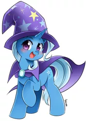 Size: 1000x1398 | Tagged: safe, artist:nekoshiei, artist:ramivic, derpibooru import, part of a set, trixie, pony, unicorn, blushing, cape, cloak, clothes, commission, confident, cute, diatrixes, female, hat, image, jpeg, looking at you, magician outfit, manga style, mare, one hoof raised, open mouth, simple background, smiling, solo, trixie's cape, trixie's hat, watermark, white background