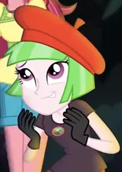 Size: 330x463 | Tagged: safe, derpibooru import, screencap, drama letter, gloriosa daisy, watermelody, equestria girls, legend of everfree, beret, camp everfree logo, camp everfree outfits, clothes, cropped, female, gloves, grin, hat, image, jpeg, offscreen character, shirt, smiling, t-shirt
