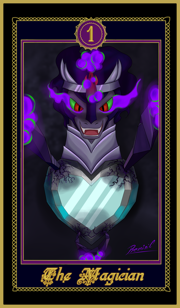 Size: 2480x4236 | Tagged: safe, artist:reminic, derpibooru import, king sombra, corruption of magic, crystal heart, dark background, dark magic, image, magic, png, red eyes, tarot, tarot card