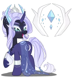 Size: 1600x1700 | Tagged: safe, artist:gihhbloonde, artist:meimisuki, derpibooru import, oc, unofficial characters only, hybrid, pony, unicorn, adoptable, base used, black sclera, bracelet, clothes, colored sclera, crown, dress, ear piercing, earring, eyeshadow, female, horns, image, interspecies offspring, jewelry, makeup, mare, offspring, open mouth, parent:lord tirek, parent:rarity, parents:rarirek, piercing, png, raised hoof, regalia, see-through, simple background, solo, transparent background