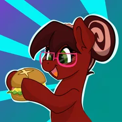 Size: 1500x1500 | Tagged: safe, artist:cadetredshirt, derpibooru import, oc, oc:cadetpone, earth pony, pony, burger, commission, food, glasses, hair bun, happy, hay burger, image, jpeg, smiling, solo, ych example, ych result, your character here
