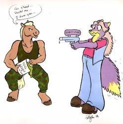 Size: 592x596 | Tagged: safe, artist:hollyann, derpibooru import, oc, unofficial characters only, anthro, earth pony, wolf, clothes, duo, earth pony oc, female, image, jpeg, male, shoes, signature, simple background, talking, unshorn fetlocks, watergun, white background