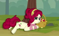 Size: 2406x1480 | Tagged: safe, artist:three uncle, derpibooru import, edit, edited screencap, screencap, cherry jubilee, earth pony, pony, lesson zero, the last roundup, basket, cherry, cherry tree, draw me like one of your french girls, female, food, grin, image, mare, png, smiling, smiling at you, tree