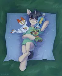 Size: 2765x3400 | Tagged: safe, artist:neonishe, derpibooru import, oc, unofficial characters only, grookey, pony, scorbunny, sobble, unicorn, image, lying down, lying on the ground, male, png, pokemon sword and shield, pokémon, solo