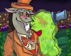 Size: 539x425 | Tagged: safe, artist:noodlegoatsimp, derpibooru import, discord, smooze, make new friends but keep discord, blushing, gay, image, jpeg, kiss on the cheek, kissing, male, shipping, smoozecord