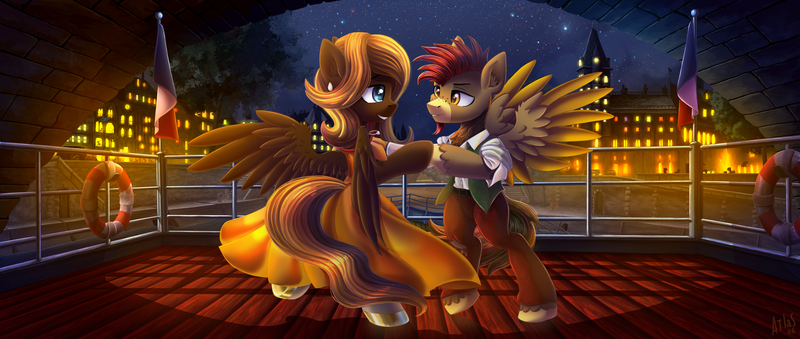 Size: 5000x2121 | Tagged: safe, artist:atlas-66, derpibooru import, oc, oc:caramel breeze, oc:sentinel, pegasus, pony, boat, city, clothes, dress, female, flag, france, image, looking at each other, male, mare, night, oc x oc, png, shipping