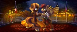 Size: 5000x2121 | Tagged: safe, artist:atlas-66, derpibooru import, oc, oc:caramel breeze, oc:sentinel, pegasus, pony, boat, city, clothes, dress, female, flag, france, image, looking at each other, male, mare, night, oc x oc, png, shipping