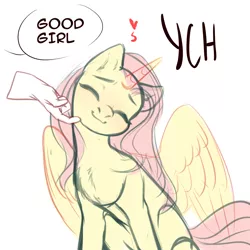 Size: 1500x1500 | Tagged: safe, artist:nika-rain, derpibooru import, fluttershy, oc, chin scratch, commission, cute, eyes closed, female, floating heart, good girl, hand, heart, horn, image, jpeg, smiling, solo, wings, ych example, ych sketch, your character here