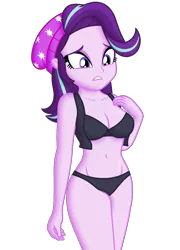 Size: 1440x2000 | Tagged: suggestive, derpibooru import, edit, editor:ah96, starlight glimmer, human, equestria girls, mirror magic, spoiler:eqg specials, beanie, belly button, black underwear, bra, breast edit, breasts, busty starlight glimmer, cleavage, clothes, female, hat, image, ms paint, multicolored hair, nervous, panties, png, purple skin, shading, shiny skin, simple background, solo, solo female, tomboy, transparent background, underwear, underwear edit, vest