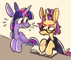 Size: 1290x1090 | Tagged: safe, artist:knightbug, derpibooru import, moondancer, twilight sparkle, twilight sparkle (alicorn), alicorn, unicorn, amending fences, annoyed, awkward, book, glasses, image, jpeg, scene interpretation, sweat, sweating profusely