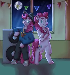Size: 3000x3200 | Tagged: safe, artist:applejackofalltrades, derpibooru import, pinkie pie, earth pony, pony, bipedal, clothes, duality, hoodie, image, night, png, rapper pie, self ponidox, shoes, speakers, standing, standing up
