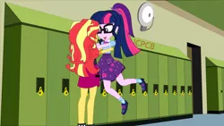 Size: 1920x1080 | Tagged: safe, artist:jcpreactyt, derpibooru import, sci-twi, sunset shimmer, twilight sparkle, equestria girls, equestria girls series, clothes, couple, female, girlfriend, hug, image, lesbian, lifting, png, relationship, school, schoolgirl, scitwishimmer, shipping, skirt, sunsetsparkle, together