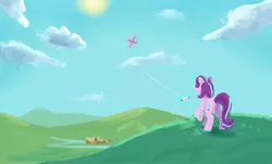 Size: 2048x1233 | Tagged: safe, artist:aanotherpony, derpibooru import, starlight glimmer, pony, unicorn, cloud, image, jpeg, kite, kite flying, scenery, solo, sun