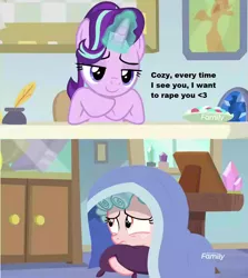 Size: 1280x1436 | Tagged: suggestive, derpibooru import, edit, edited screencap, screencap, cozy glow, starlight glimmer, pegasus, pony, unicorn, marks for effort, caption, female, filly, glowing horn, horn, image, image macro, jpeg, mare, op is a duck, text