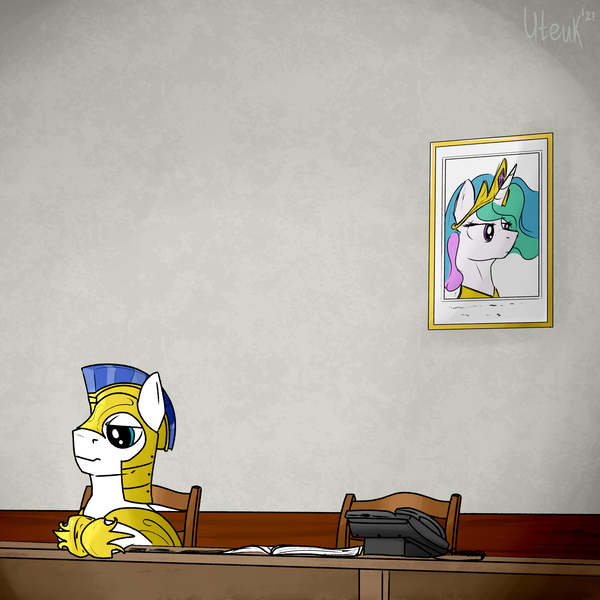 Size: 3000x3000 | Tagged: safe, artist:uteuk, derpibooru import, princess celestia, armor, bust, chair, guard, high res, image, meme, phone, png, ponified meme, portrait, royal guard, stool, table, telephone