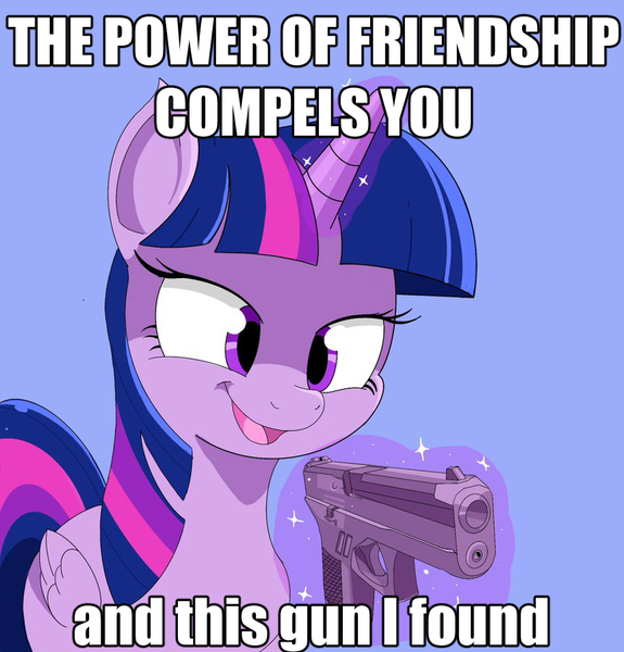 Size: 863x900 | Tagged: safe, artist:zebra10045, derpibooru import, edit, twilight sparkle, twilight sparkle (alicorn), alicorn, pony, unicorn, and this gun i found, caption, cute, female, friendship, funny, gun, horn, image, image macro, mane, mare, meme, png, purple, solo, text, the power of christ compels you, weapon, wings