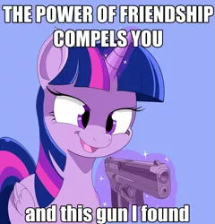 Size: 863x900 | Tagged: safe, artist:zebra10045, derpibooru import, edit, twilight sparkle, twilight sparkle (alicorn), alicorn, pony, unicorn, and this gun i found, caption, cute, female, friendship, funny, gun, horn, image, image macro, mane, mare, meme, png, purple, solo, text, the power of christ compels you, weapon, wings