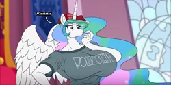 Size: 1768x875 | Tagged: suggestive, artist:atariboy2600, derpibooru import, princess celestia, alicorn, anthro, comic:my little toyetic, baseball cap, big breasts, breasts, busty princess celestia, cap, clothes, comic, female, hat, huge breasts, image, indoors, maga hat, make equestria great again, png, smiling, solo, thinking