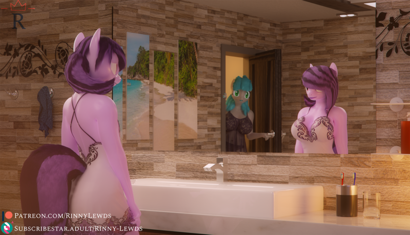 Size: 1920x1100 | Tagged: safe, artist:rinny, derpibooru import, oc, oc:lightningflash, oc:opium spark, unofficial characters only, anthro, 3d, bathroom, blender, clothes, crossgender, image, mirror, nightgown, oc x oc, png, reflection, shipping, transgender