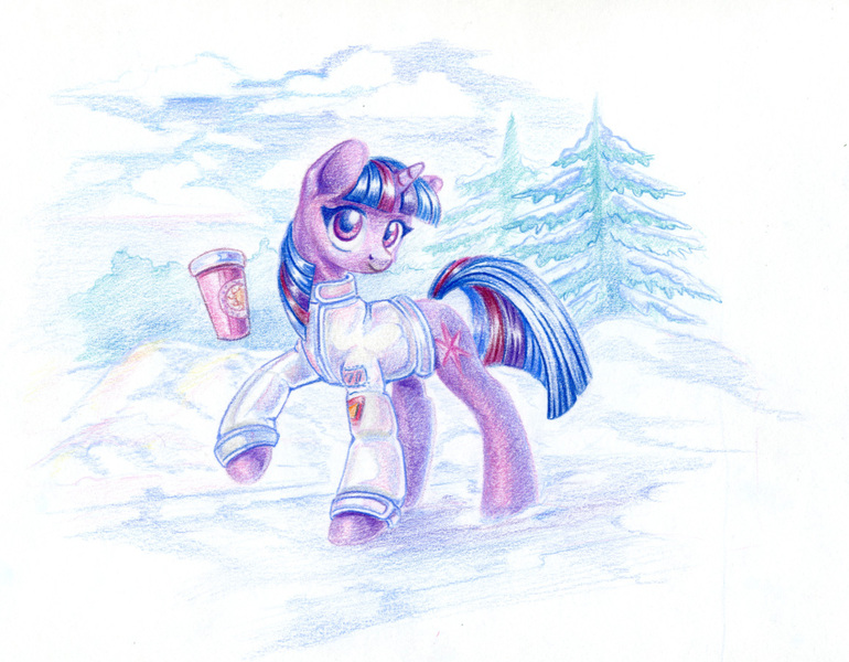 Size: 1155x900 | Tagged: safe, artist:maytee, derpibooru import, twilight sparkle, pony, unicorn, clothes, coffee cup, colored pencil drawing, cup, image, jacket, jpeg, solo, traditional art, unicorn twilight, winter