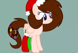 Size: 1850x1250 | Tagged: safe, artist:circuspaparazzi5678, derpibooru import, oc, oc:breanna, unofficial characters only, pegasus, pony, base used, candy, candy cane, christmas, clothes, female, food, gingerbread (food), gingerbread man, hat, holiday, image, jingle bells, mare, png, santa hat, simple background, smiling, socks, solo, teal background