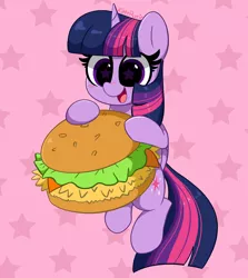 Size: 3652x4096 | Tagged: safe, artist:kittyrosie, derpibooru import, twilight sparkle, twilight sparkle (alicorn), alicorn, pony, blushing, burger, cute, food, hamburger, image, jpeg, open mouth, solo, starry eyes, that pony sure does love burgers, twiabetes, twilight burgkle, wingding eyes