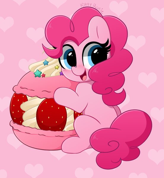 Size: 3773x4096 | Tagged: safe, artist:kittyrosie, derpibooru import, part of a set, pinkie pie, earth pony, cute, diapinkes, food, heart, herbivore, high res, image, jpeg, macaron, open mouth, part of a series, pink background, remake, simple background, sitting, solo, strawberry, whipped cream
