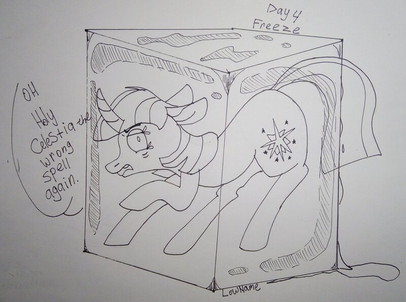 Size: 2048x1522 | Tagged: safe, artist:lowname, derpibooru import, twilight sparkle, pony, unicorn, bondage, curved horn, encasement, female, floppy ears, freeze spell, frozen, horn, ice, ice cube, image, inktober, inktober 2019, jpeg, magic, mare, monochrome, solo, spell gone wrong, unicorn twilight