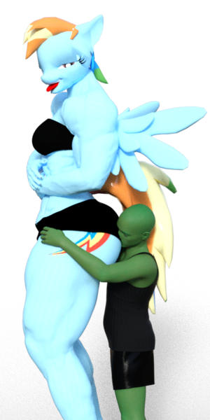 Size: 501x1002 | Tagged: questionable, artist:pose, derpibooru import, rainbow dash, oc, oc:anon, anthro, human, 3d, ass worship, breasts, butt, female, human on anthro action, image, interspecies, lidded eyes, male, muscles, muscular female, open mouth, png, rainbuff dash, rainbutt dash, size difference, smaller male, source filmmaker, tongue out
